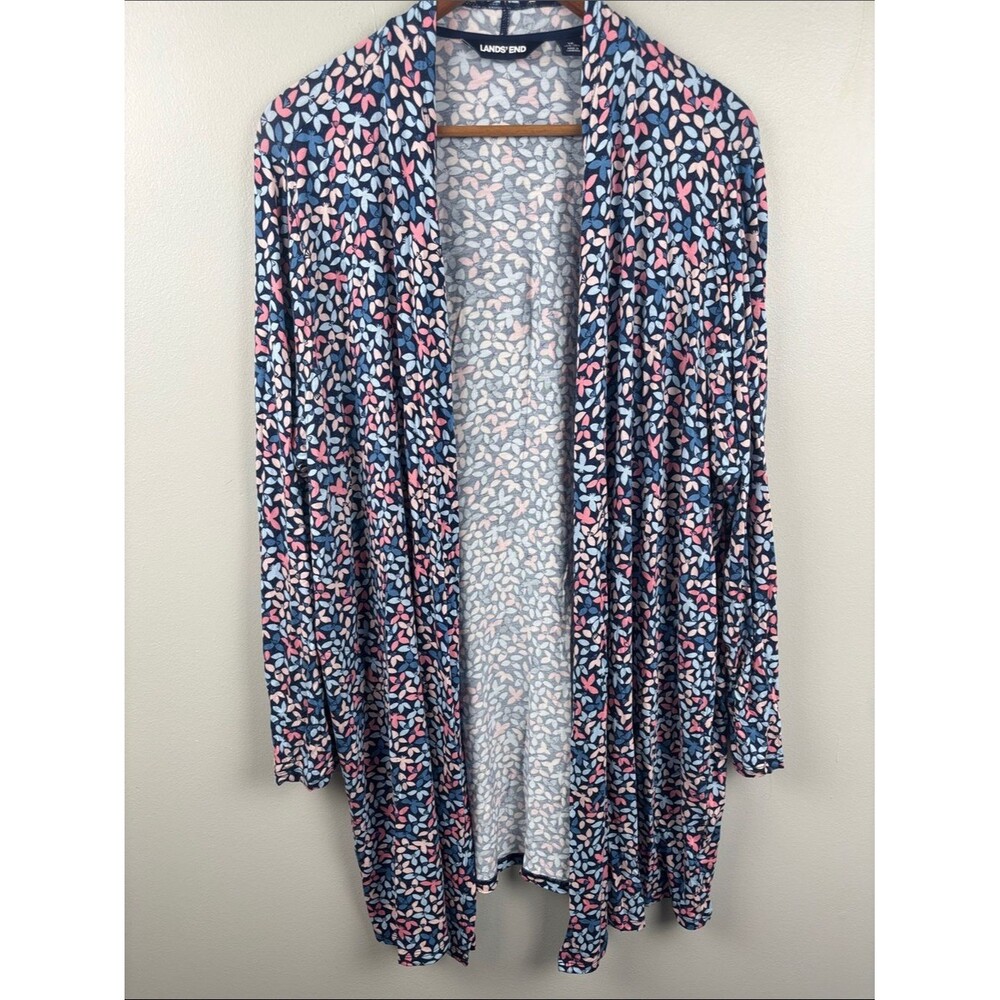 Lands' End 1X open Cardigan Pink & Light Blue Leaf Motif pockets rayon spandex